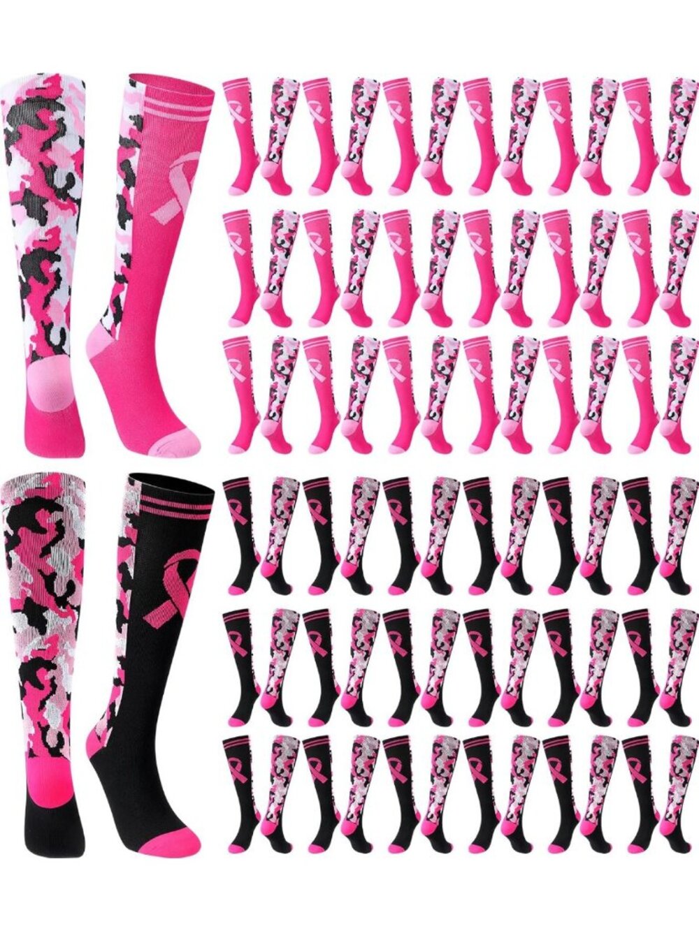 36 Pairs Pink Ribbon Camo Socks for Football, Softball & Soccer - Breast Cancer